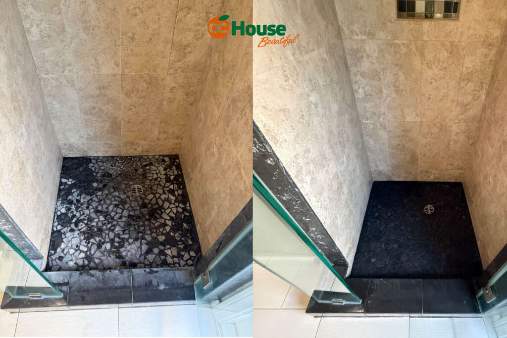 Before and after shower tile and grout cleaning