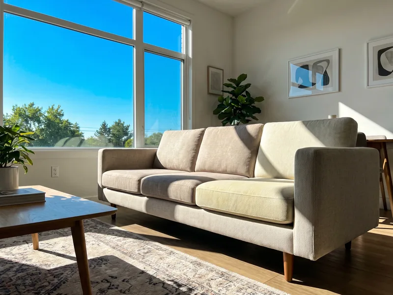 Clean light fabric sofa in a bright living room